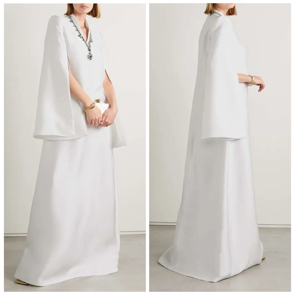 Reem Acra White Mikado Caftan Cape Gown Dress Green Crystal Embellished XL NWT